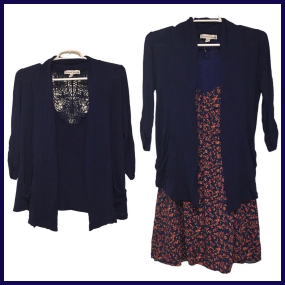 Crochet Back Lightweight Cardigan: 3/4 Sleeve Indigo Purple French Laundry Small